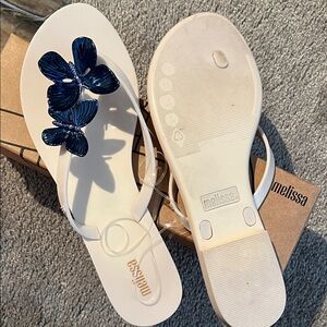 Melissa White Sandals with Navy Floral Detail